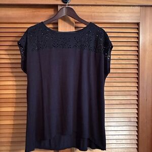 Vince Camuto Black Short Sleeve Top with Lace Detail